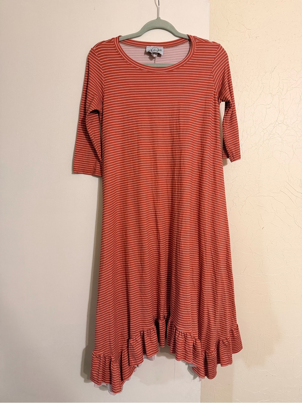 Women's Striped Rust Midi Dress with Ruffle Hem